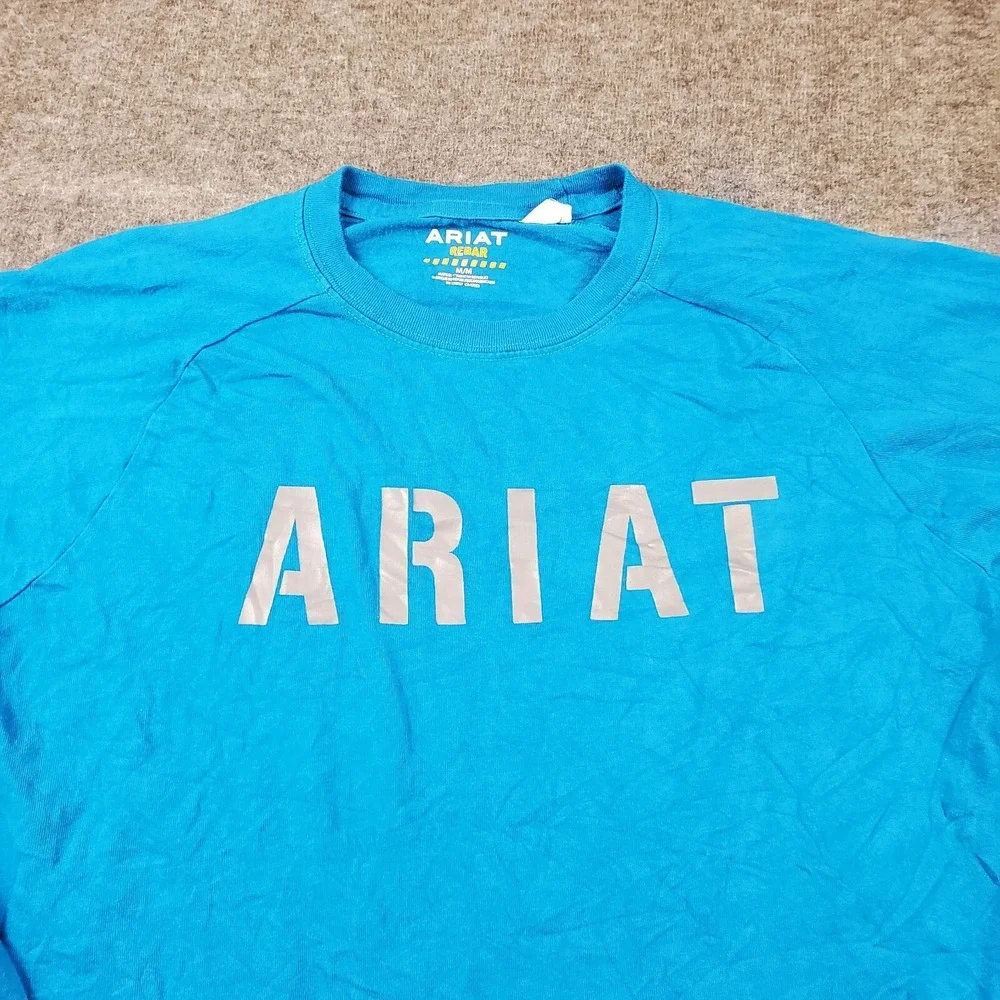 Ariat Shirt Mens Medium Blue Long Sleeve Rebar Block Spell Out Graphic Work Wear